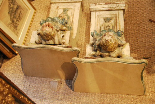 Important Pair Of Consoles D Apllique, Head Of Angel Louis XIV