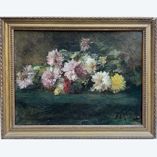 Ecole Française Vers 1880 - Jetée De Dahlias - Huile Sur Papier Monogrammé Md ?