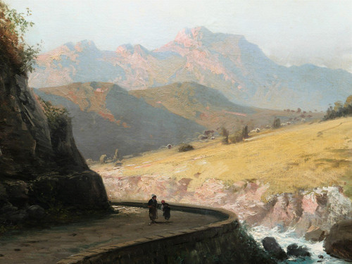 Alfred GODCHAUX, Paysage des Pyrénées avec deux personnages sur un chemin (TRES GRAND FORMAT)