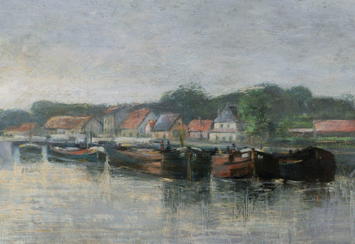 FRENCH School circa 1890, Barges moored on the Seine