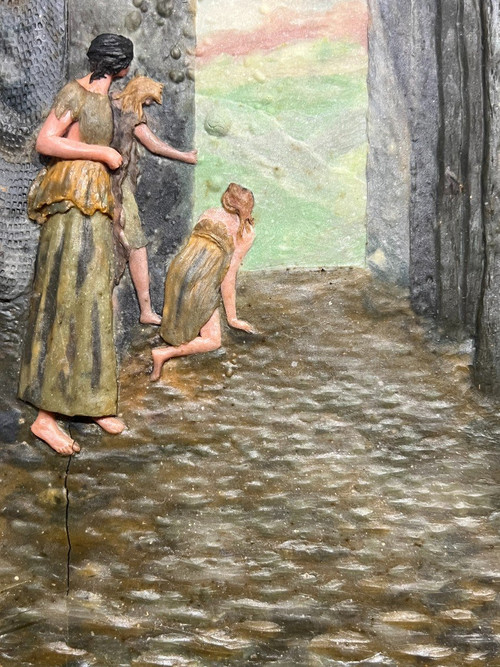 Desnoyer (xix-xx) - Pêcheurs à l'Antique - Bas Relief En Cire Polychrome, 1909