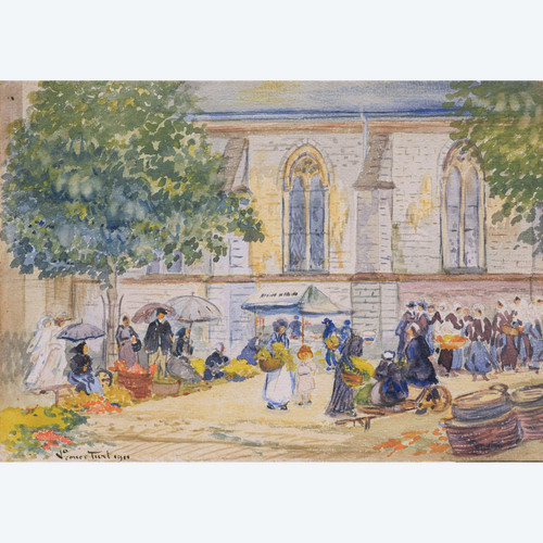 Pierre Léonce FURT, Scène de marché en Bretagne, aquarelle