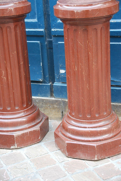 Pair Of Fluted Columns Royal Red Marble 19th Century