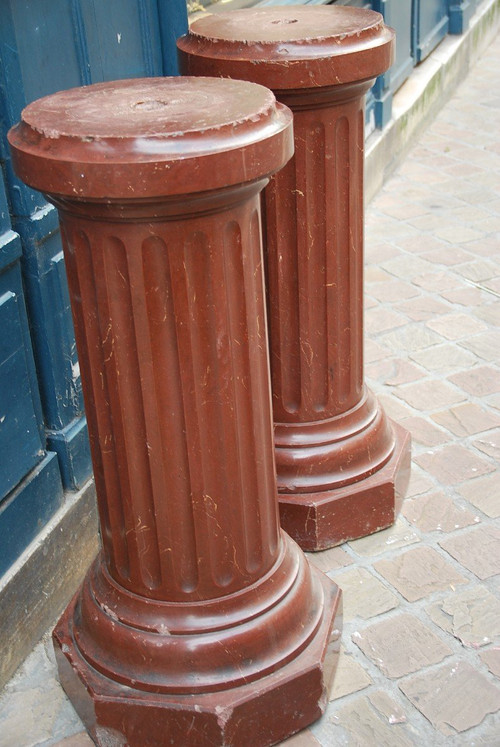 Pair Of Fluted Columns Royal Red Marble 19th Century