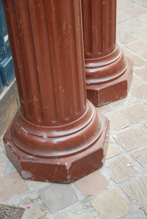 Pair Of Fluted Columns Royal Red Marble 19th Century