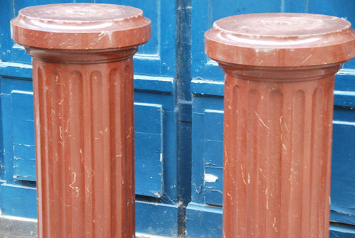 Pair Of Fluted Columns Royal Red Marble 19th Century