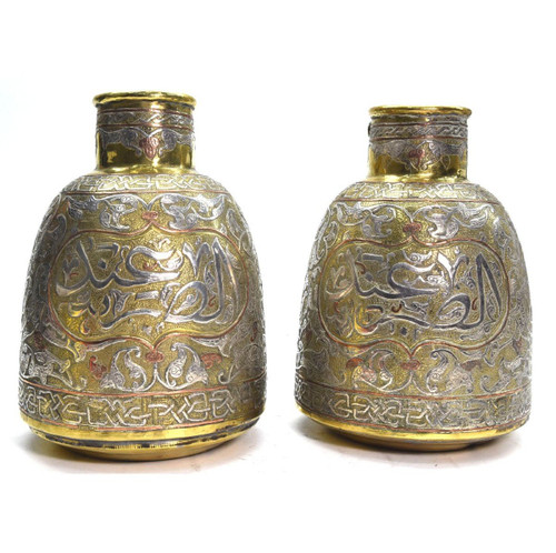 Pair Of Jugs In Copper And Silver Dinanderie Oriental Work, 1880/1900