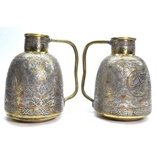 Pair Of Jugs In Copper And Silver Dinanderie Oriental Work, 1880/1900