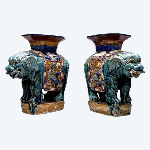 Pair Of Fô Dogs In Glazed Ceramic 1880/1900