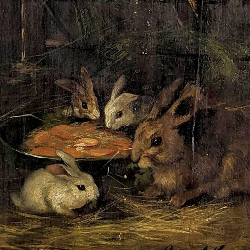 Oil On Canvas With Small Rabbits, XIXth Century By Brunel De Neuville