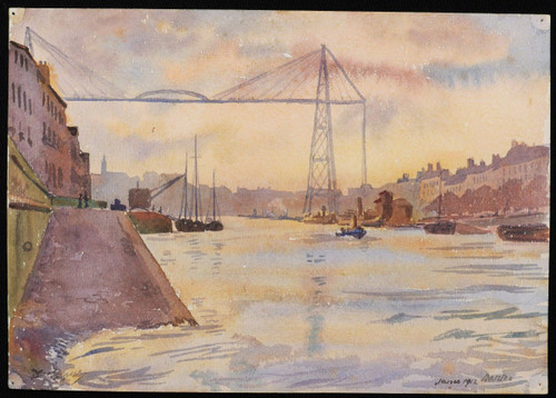 André Alfred DEBERGUE, View of the Port of Nantes with the Transporter Bridge