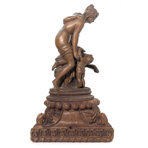 "Terracotta Group Of Clodion The Young Girl And The Faun, On Carved Wooden Base