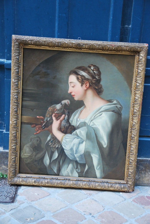 Jeune Femme Aux Tourterelles, Toile XVIIIe Suiveur De Lagrenée