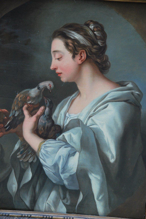 Young Woman With Doves, 18th Century Canvas Follower Of Lagrenée