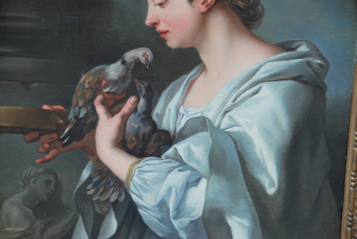 Jeune Femme Aux Tourterelles, Toile XVIIIe Suiveur De Lagrenée