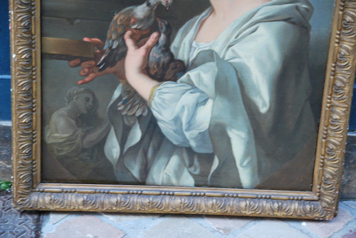 Jeune Femme Aux Tourterelles, Toile XVIIIe Suiveur De Lagrenée