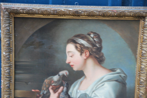 Jeune Femme Aux Tourterelles, Toile XVIIIe Suiveur De Lagrenée