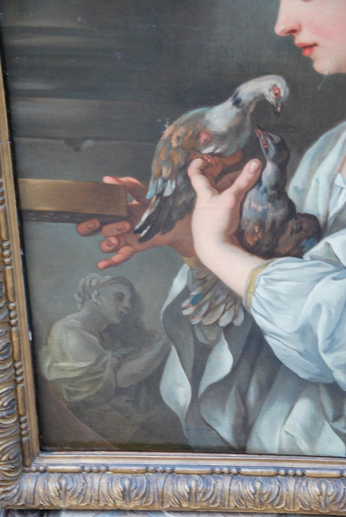 Young Woman With Doves, 18th Century Canvas Follower Of Lagrenée