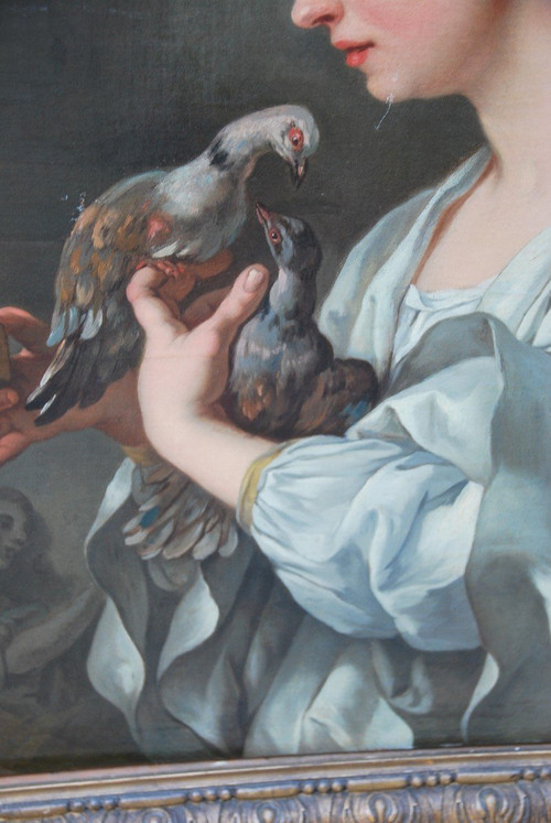 Young Woman With Doves, 18th Century Canvas Follower Of Lagrenée