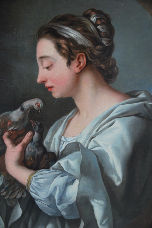 Jeune Femme Aux Tourterelles, Toile XVIIIe Suiveur De Lagrenée