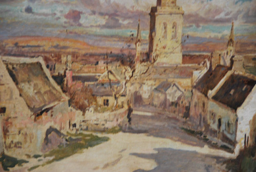 Locronan, Brittany, Large Oil On Canvas Signed De Villon