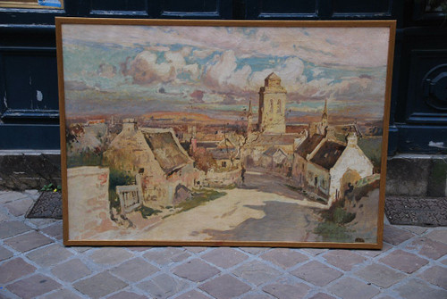 Locronan, Brittany, Large Oil On Canvas Signed De Villon