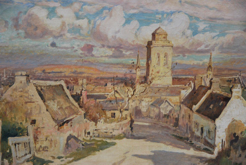 Locronan, Brittany, Large Oil On Canvas Signed De Villon