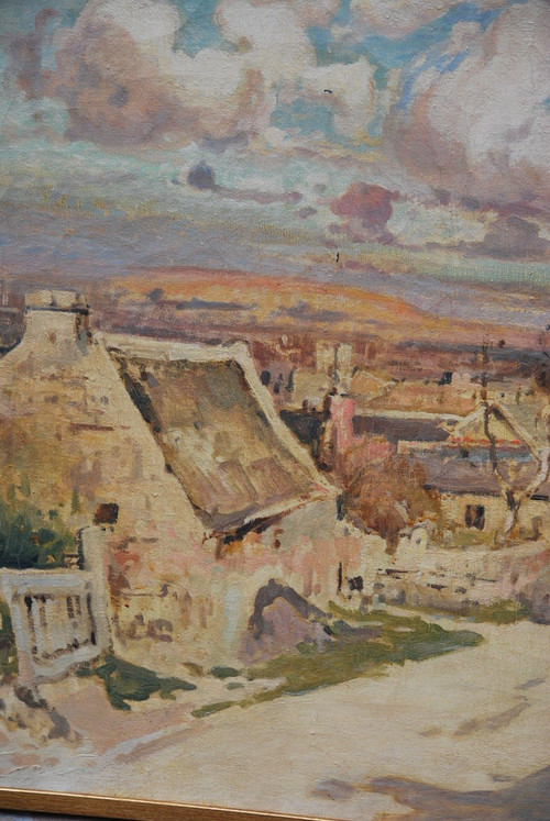 Locronan, Brittany, Large Oil On Canvas Signed De Villon