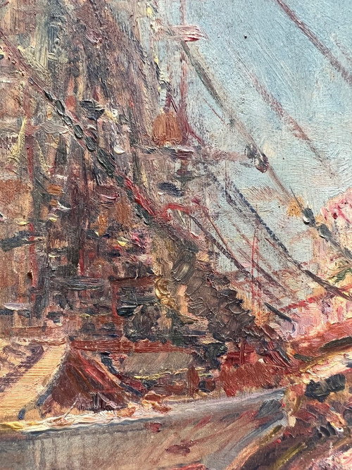 Französische Impressionistenschule – Boot und belebter Hafen, um 1890