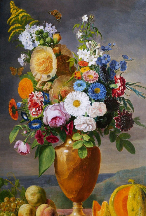 FRANZÖSISCHE SCHULE um 1840, Stillleben in einer Vase mit Blumen, Früchten und Insekten (großes Format)