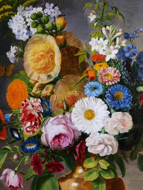 FRANZÖSISCHE SCHULE um 1840, Stillleben in einer Vase mit Blumen, Früchten und Insekten (großes Format)