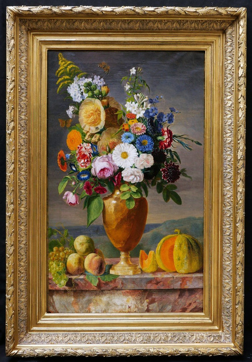 FRANZÖSISCHE SCHULE um 1840, Stillleben in einer Vase mit Blumen, Früchten und Insekten (großes Format)