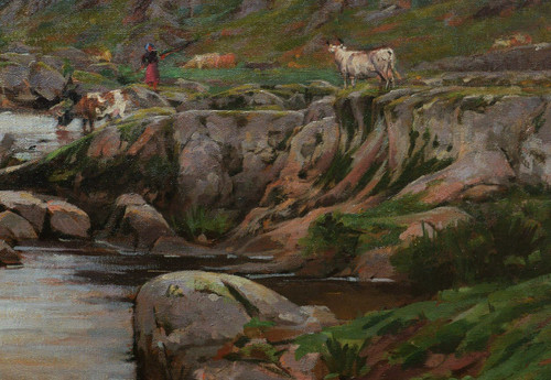 Jules ROUSSET, Cows drinking from a river in a mountainous landscape (GRAND FORMAT)