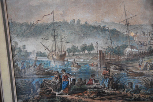 Jean Baptiste Lallemand, Watercolor Port Scene 18th Century School