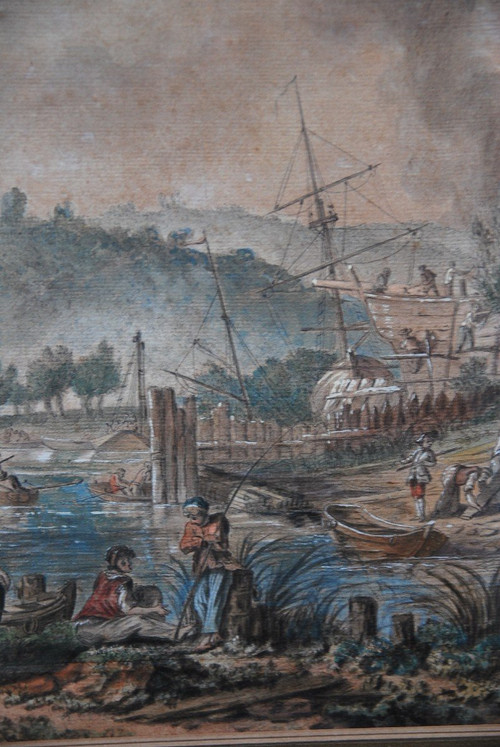 Jean Baptiste Lallemand, Watercolor Port Scene 18th Century School