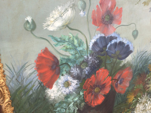 Grande peinture aux coquelicots et aux anémones de F. DURAND 