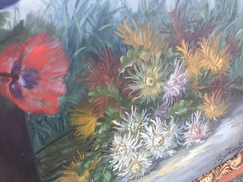 Grande peinture aux coquelicots et aux anémones de F. DURAND 