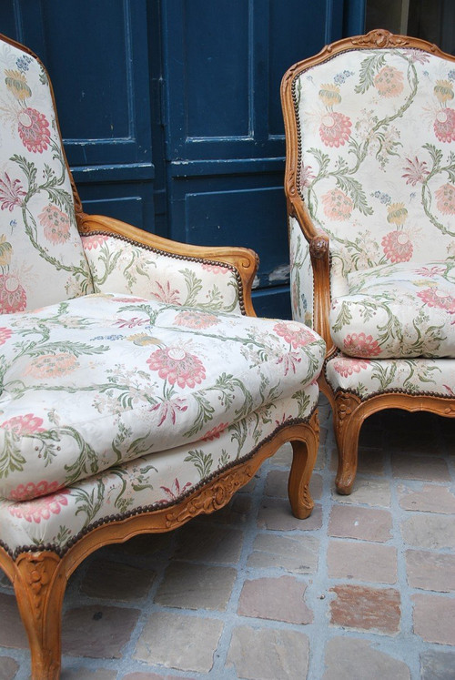 Pair Of Important Bergeres With Flat Backrest Louis XV Period