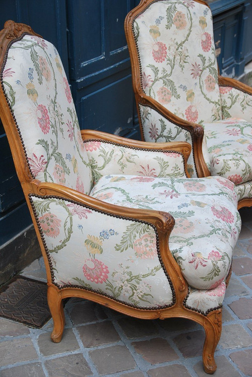 Pair Of Important Bergeres With Flat Backrest Louis XV Period