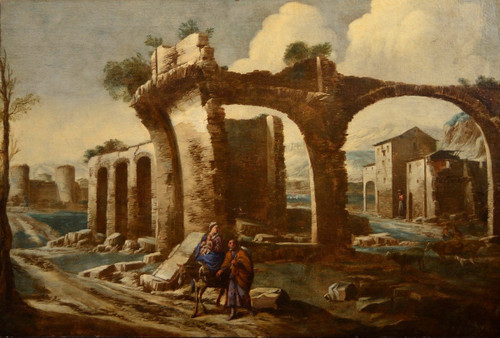 Antonio Travi Said 'Sestri' (Genua 1608 - 1665), Landschaft mit Ruinen und biblischer Szene