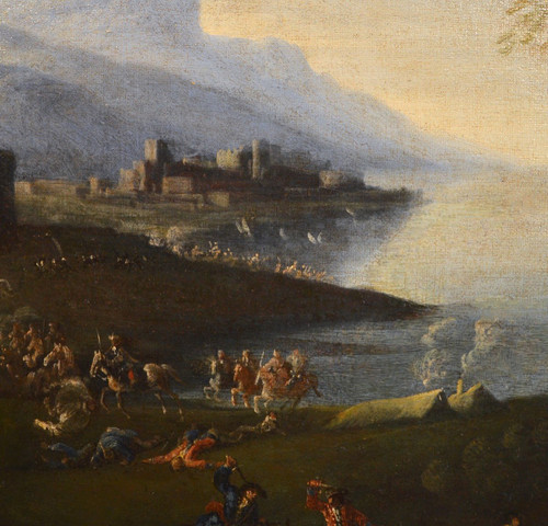 Pandolfo Reschi (1643-1699), Coastal Landscape With Walled Town, Castle And Battle Scene