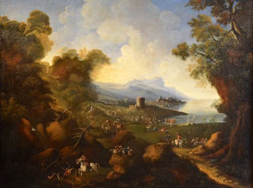 Pandolfo Reschi (1643-1699), Coastal Landscape With Walled Town, Castle And Battle Scene