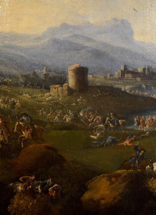 Pandolfo Reschi (1643-1699), Coastal Landscape With Walled Town, Castle And Battle Scene