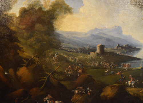 Pandolfo Reschi (1643-1699), Coastal Landscape With Walled Town, Castle And Battle Scene