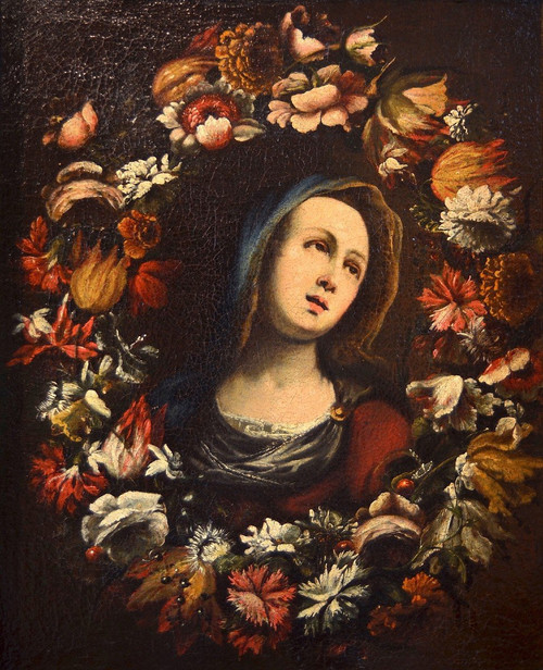 Giovanni Stanchi (rome 1608 - 1675) Workshop, Flower Garland With The Virgin Mary