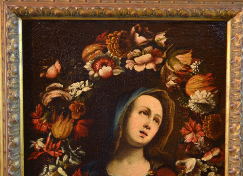 Giovanni Stanchi (rome 1608 - 1675) Workshop, Flower Garland With The Virgin Mary