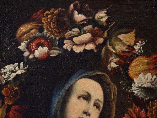 Giovanni Stanchi (rome 1608 - 1675) Workshop, Flower Garland With The Virgin Mary