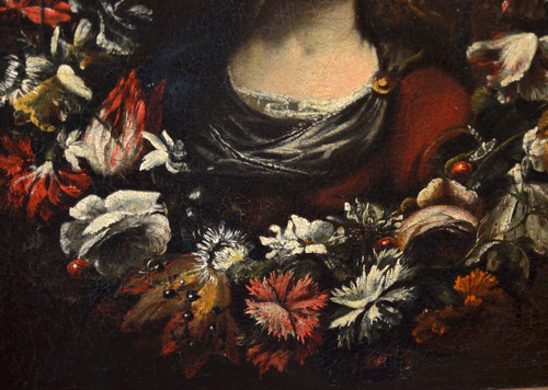 Giovanni Stanchi (rome 1608 - 1675) Workshop, Flower Garland With The Virgin Mary