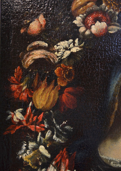 Giovanni Stanchi (rome 1608 - 1675) Workshop, Flower Garland With The Virgin Mary