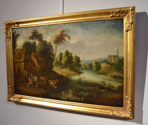 Paysage Fluvial Avec Scène De Village, Adrien Frans Boudewijns (bruxelles1644-1711)